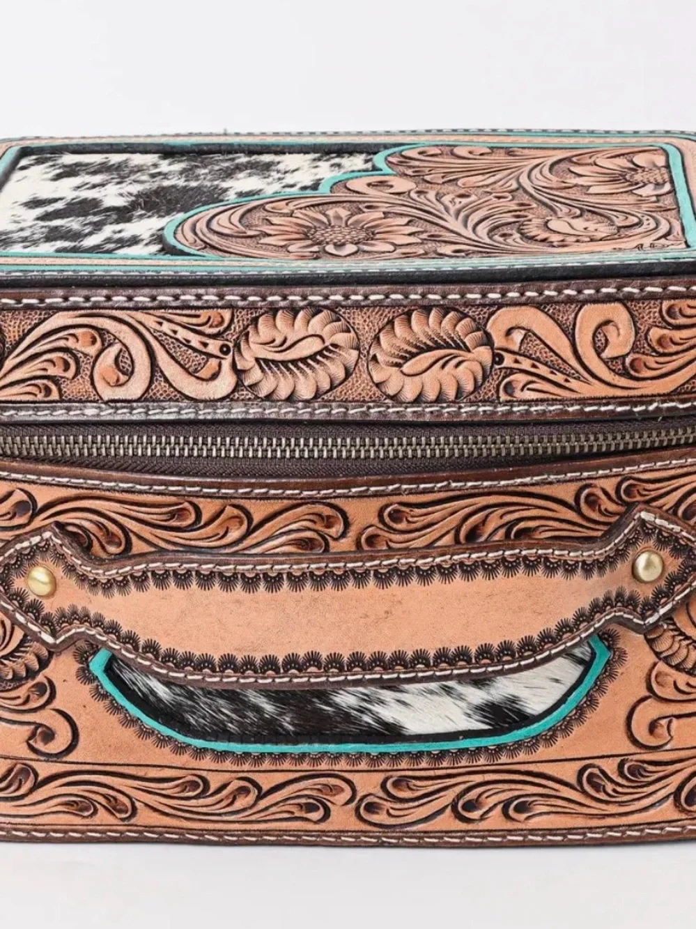 Tooled Leather Train Case with Turquoise Accents - Women Bags